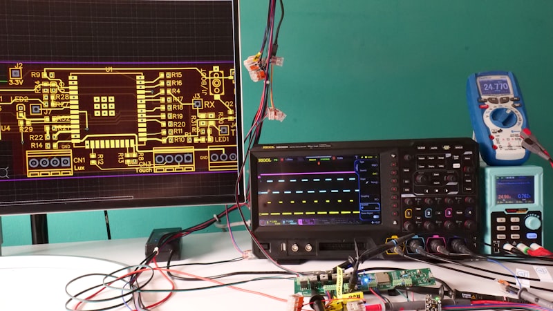 Electronics test bench with oscilloscope and multimeter